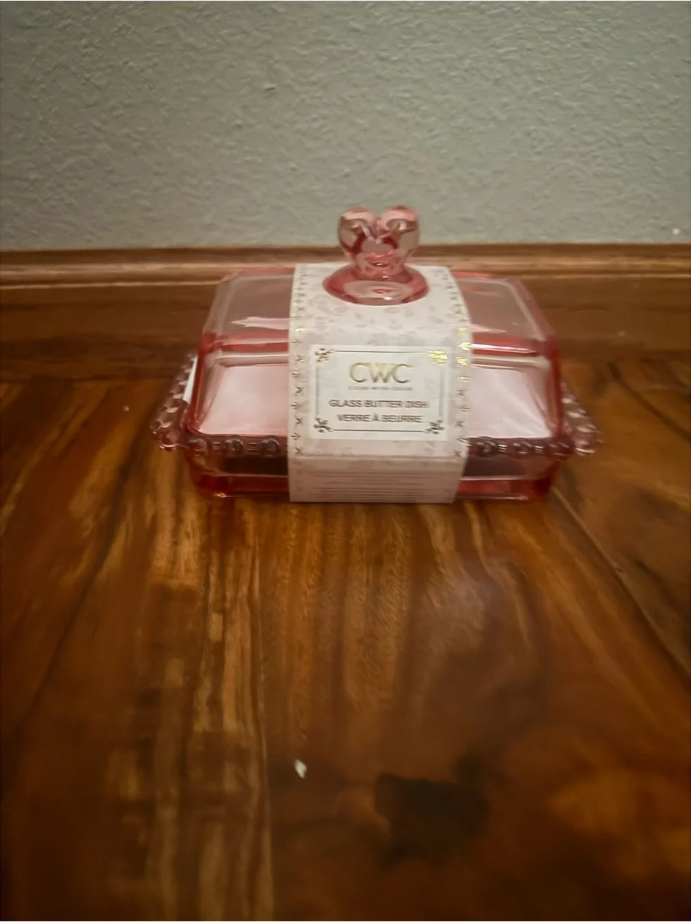 Pink Glass Butter Dish with Heart Knob